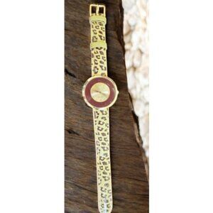 Vintage AVON Yellow Brown Animal Print Vinyl Band Ladies Quartz Watch